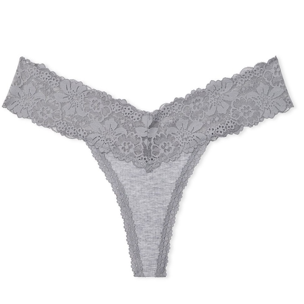 PINK Wink Lace-Trim Thong Panty Heather Gray Size Large NWT